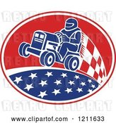 Vector Clip Art of Retro Guy Racing a Tractor in an Oval of Stars and Checkers by Patrimonio