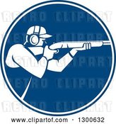 Vector Clip Art of Retro Guy Shooting a Rifle in a Blue and White Circle by Patrimonio
