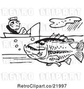 Vector Clip Art of Retro Guy Sitting in a Boat and Catching a Giant Fish by BestVector