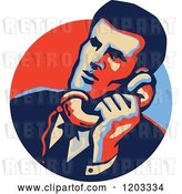 Vector Clip Art of Retro Guy Talking on a Telephone in a Blue and Red Circle by Patrimonio