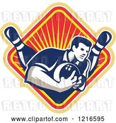 Vector Clip Art of Retro Guy Ten Pin Bowling in a Diamond of Rays by Patrimonio