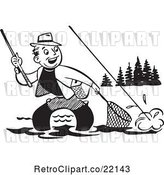 Vector Clip Art of Retro Guy Wading and Trying to Get His Fish in a Net by BestVector