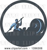 Vector Clip Art of Retro Guy Working out with a Paddle on a Rowing Machine in a Blue and White Circle by Patrimonio