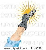 Vector Clip Art of Retro Guy's Hand Holding a Rench over a Sun Burst by Patrimonio