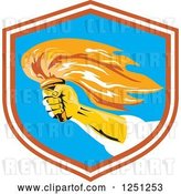 Vector Clip Art of Retro Hand Holding up a Flaming Torch in a Shield by Patrimonio