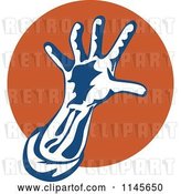 Vector Clip Art of Retro Hand Reaching over an Orange Circle by Patrimonio
