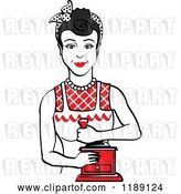Vector Clip Art of Retro Happy Black Haired Housewife Using a Manual Coffee Grinder 2 by Andy Nortnik