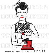 Vector Clip Art of Retro Happy Black Haired Housewife Using a Manual Coffee Grinder by Andy Nortnik