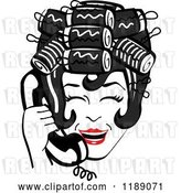 Vector Clip Art of Retro Happy Black Haired Housewife with Her Hair up in Curlers, Laughing While Talking on a Landline Telephone by Andy Nortnik