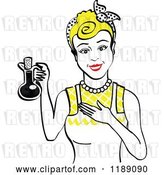 Vector Clip Art of Retro Happy Blond Lady in an Apron, Holding up a Bottle of Cooking Oil by Andy Nortnik