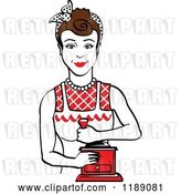 Vector Clip Art of Retro Happy Brunette Housewife Using a Manual Coffee Grinder 2 by Andy Nortnik