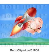 Vector Clip Art of Retro Happy Cartoon Pig Flying with a Rocket over a Valley by AtStockIllustration
