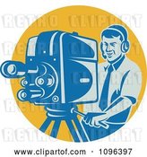 Vector Clip Art of Retro Happy Film Crew Cameraman Adjusting His Equipment over a Yellow Circle by Patrimonio