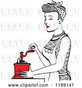 Vector Clip Art of Retro Happy Gray Haired Housewife Using a Manual Coffee Grinder in Profile by Andy Nortnik