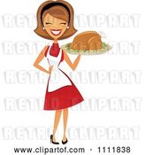 Vector Clip Art of Retro Happy Lady Carrying a Roasted Thanksgiving or Christmas Turkey on a Platter by Amanda Kate
