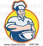 Vector Clip Art of Retro Happy Male Chef Using a Mixing Bowl over a Yellow Circle by Patrimonio