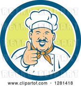 Vector Clip Art of Retro Happy Male Chef with a Mustache, Holding a Thumb up in a Blue White and Green Circle by Patrimonio