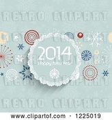 Vector Clip Art of Retro Happy New Year 2014 Greeting Circle over Green Snowflakes and Circles by KJ Pargeter