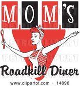 Vector Clip Art of Retro Happy Red Haired Lady in an Apron, Her Hair up in a Scarf, Singing and Dancing with a Spoon on a Red and Black Sign for Mom's Roadkill Diner by Andy Nortnik