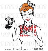 Vector Clip Art of Retro Happy Redhead Lady in an Apron, Holding up a Bottle of Cooking Oil 2 by Andy Nortnik