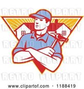 Vector Clip Art of Retro Home Builder with Folded Arms and a Hammer over a Triangle of Houses and Rays by Patrimonio