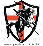 Vector Clip Art of Retro Horseback Knight with a Jousting Lance over an English Flag Shield by Patrimonio