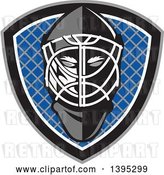 Vector Clip Art of Retro Ice Hockey Goalie Helmet over a Net in a Gray Black White and Blue Shield by Patrimonio