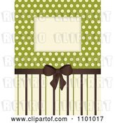 Vector Clip Art of Retro Invitation Background with a Brown Bow and Ribbon over Polkda Dots on Green with Stripes by Elaineitalia