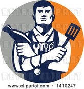 Vector Clip Art of Retro Jack of All Trades Worker Guy Holding a Blow Dryer and Spatula, Wearing a Stethoscope and Tools in a Gray and Orange Circle by Patrimonio
