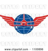Vector Clip Art of Retro Jumbo Jet Airplane over a Grid Globe with Red Wings by Patrimonio