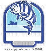 Vector Clip Art of Retro Jumping Sheepshead Fish over a Silhouetted Boat and Text Space by Patrimonio