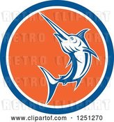 Vector Clip Art of Retro Jumping Swordfish in a Blue White and Orange Circle by Patrimonio