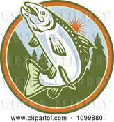 Vector Clip Art of Retro Jumping Trout Fish Against a Tree and Sun Circle by Patrimonio
