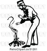 Vector Clip Art of Retro Klondiker Gold Rush Miner Guy Warming by a Fire by Prawny Vintage