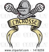 Vector Clip Art of Retro Knight Helmet over Crossed Lacrosse Sticks and a Woodcut Banner by Patrimonio