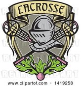 Vector Clip Art of Retro Knight Helmet over Crossed Lacrosse Sticks and a Woodcut Banner Shield with Leaves and a Ball by Patrimonio