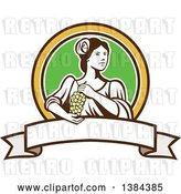 Vector Clip Art of Retro Lady Holding a Bunch of Green Grapes in a Brown Yellow White and Green Circle over a Blank Ribbon Banner by Patrimonio
