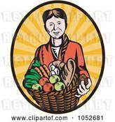 Vector Clip Art of Retro Lady Holding a Harvest Basket over Rays by Patrimonio
