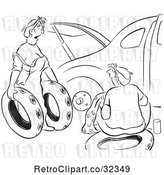Vector Clip Art of Retro Lady Offering Ruined Spare Tires for Her Husband Car by Picsburg