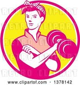 Vector Clip Art of Retro Lady, Rosie the Riveter, Rolling up a Sleeve and Working Out, Doing Bicep Curls with a Dumbbell in a Pink White and Yellow Circle by Patrimonio