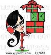 Vector Clip Art of Retro Lady Wearing a Santa Suit and Carrying a Pile of Christmas Gifts by Andy Nortnik
