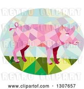 Vector Clip Art of Retro Low Poly Geometric Pink Pig in an Oval by Patrimonio