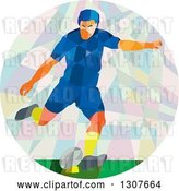 Vector Clip Art of Retro Low Poly White Male Rugby Player Kicking in a Circle by Patrimonio