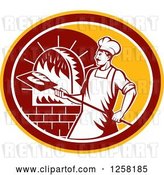 Vector Clip Art of Retro Male Baker Cooking Bread in a Wood Fired Brick Oven in a Yellow Maroon and White Oval by Patrimonio