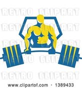 Vector Clip Art of Retro Male Bodybuilder Holding a Heavy Barbell and Emerging from a Blue and Yellow Shield by Patrimonio