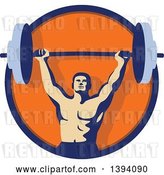 Vector Clip Art of Retro Male Bodybuilder Holding a Heavy Barbell over His Head Inside a Blue and Orange Circle by Patrimonio