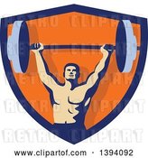 Vector Clip Art of Retro Male Bodybuilder Holding a Heavy Barbell over His Head Inside a Blue and Orange Shield by Patrimonio