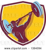 Vector Clip Art of Retro Male Bodybuilder Swinging a Barbell in a Shield by Patrimonio