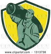 Vector Clip Art of Retro Male Carpet Layer Carrying a Knee Kicker and Roll over His Shoulder, in a Green White and Yellow Shield by Patrimonio