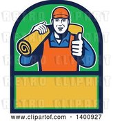 Vector Clip Art of Retro Male Carpet Layer Giving a Thumb up and Carrying a Roll in a Green Blue and Yellow Frame by Patrimonio